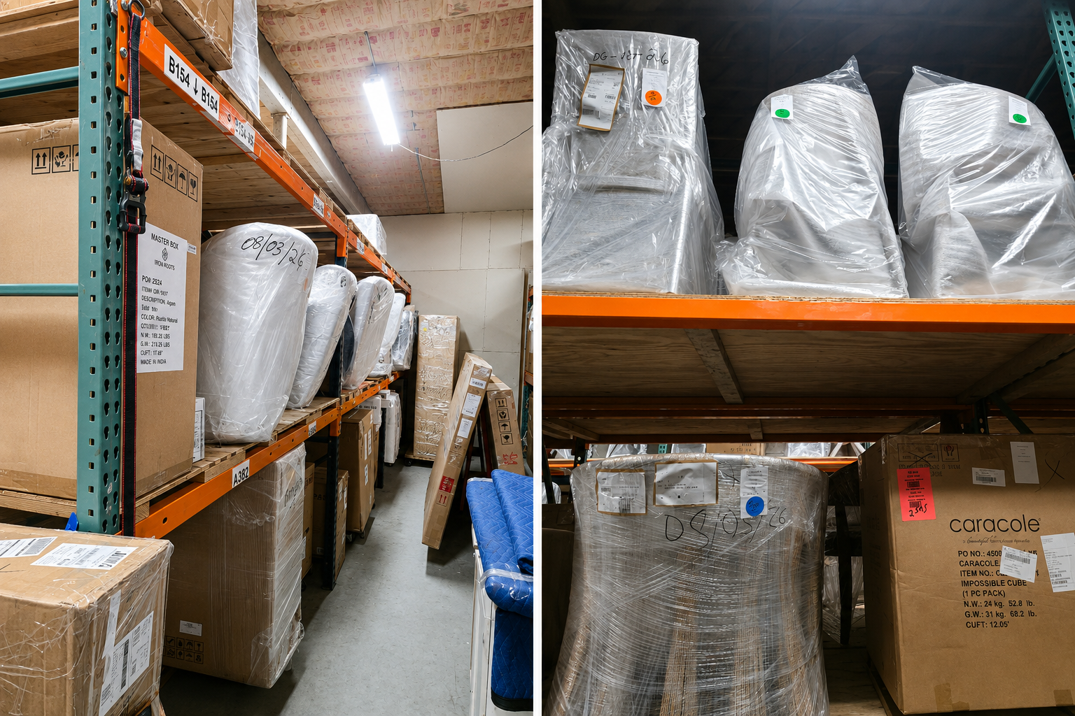 Furniture stored and protected inside Johns Delivery Service warehouse